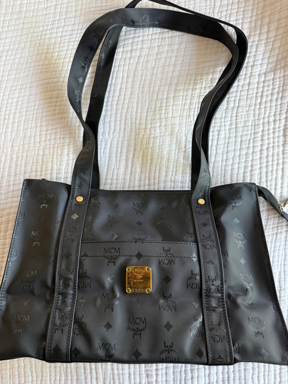 MCM Black Visetos Coated Canvas tote with Gold Acsents